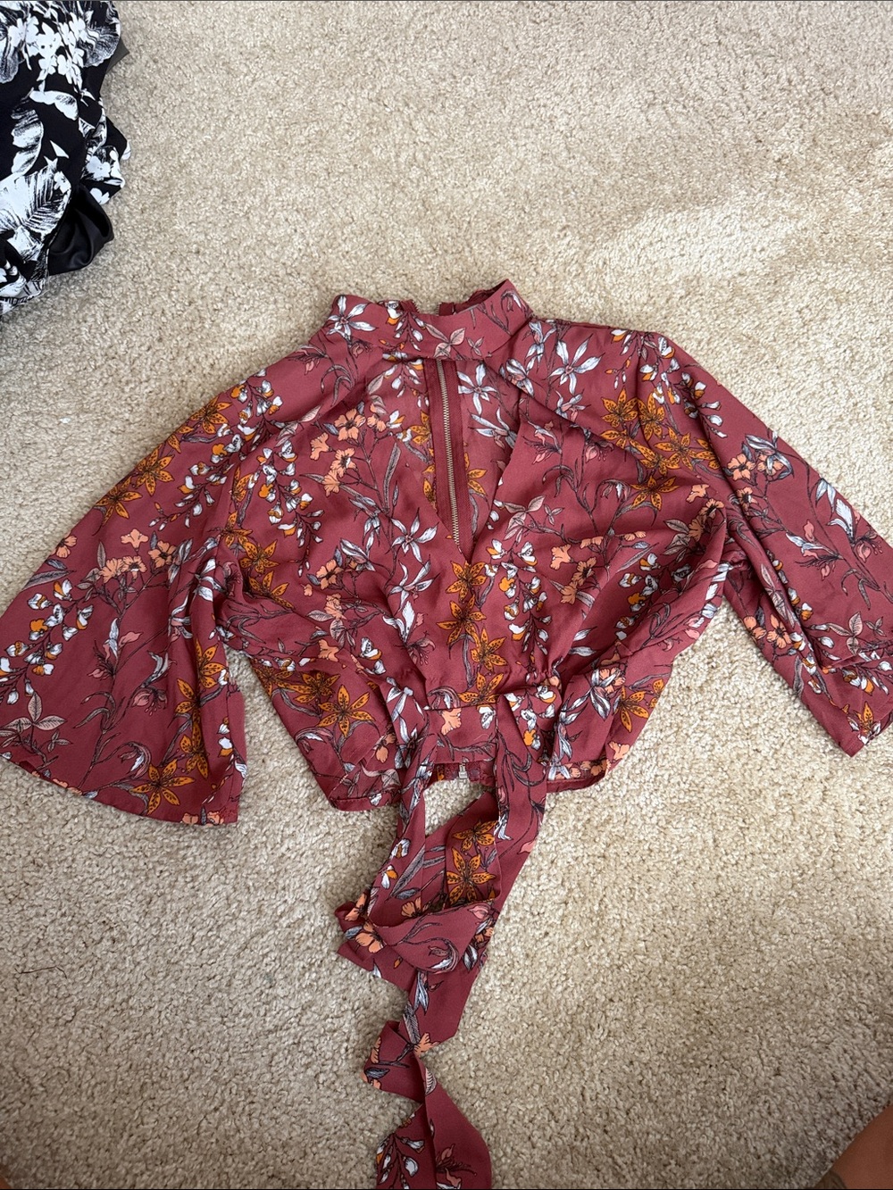 Charlotte Russe Rust Floral Tie-Front Bell Sleeve Top